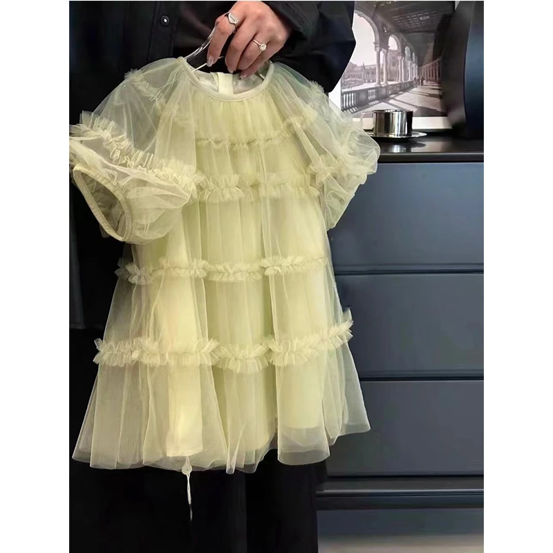 【本妈】2024夏“休闲假日”韩版女童泡泡袖蛋糕连衣裙Y8029