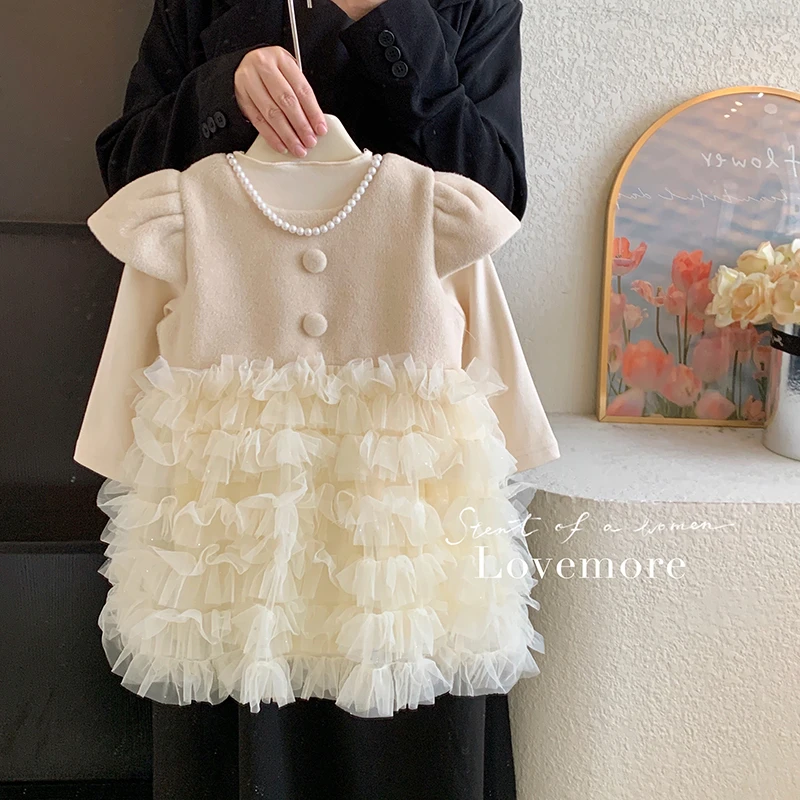 【本妈】2024冬”白茶千金"女童打底上衣+泡泡袖网纱连衣裙X200
