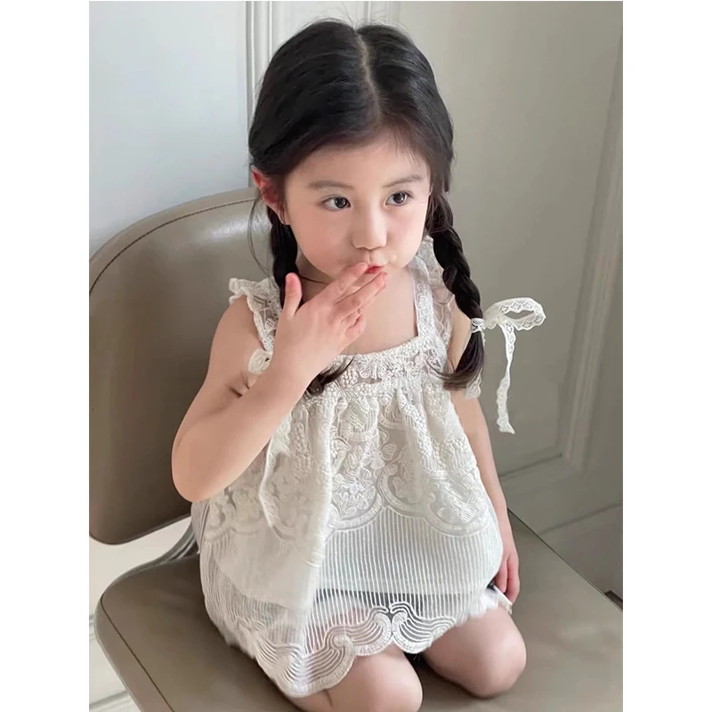 【本妈】2024夏“”韩版女童吊带蕾丝刺绣上衣+花边短裤824072