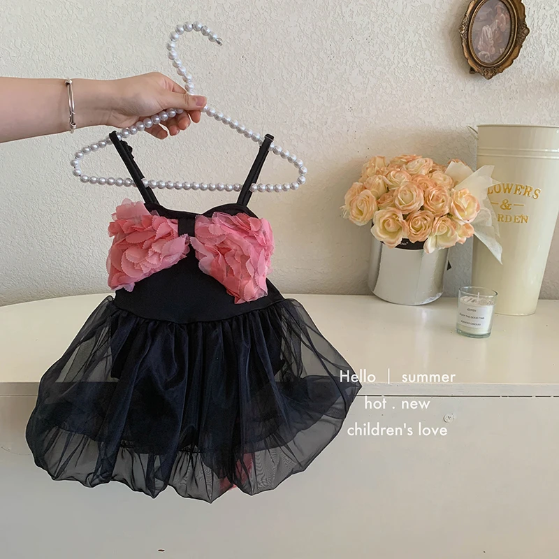 【本妈】2024夏“夏日玫瑰”女童吊带立体玫瑰网纱连体泳衣23082