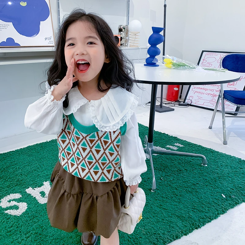 【本妈】春秋女童菱形格子针织马甲儿童洋气百搭吊带背心62021 9‘9’