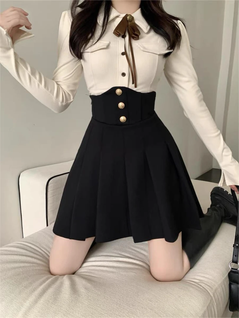 【束腰裙】5557微胖mm超高腰设计鱼骨收腰百褶裙学院风束腰长裙短裙