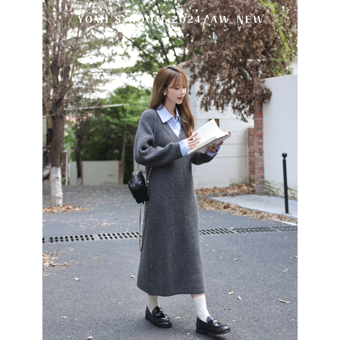 YOMI小个子定制【静谧灰蓝】衬衫假两件小众显瘦连衣裙女秋冬季新款