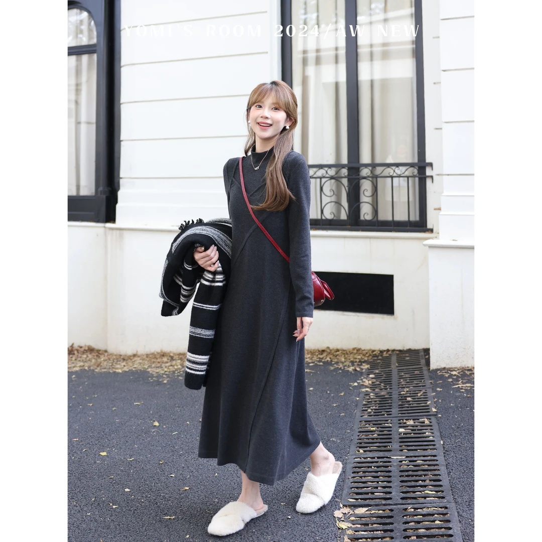 YOMI小个子定制【气质攻略】假两件半高领显瘦内搭连衣裙女秋冬季