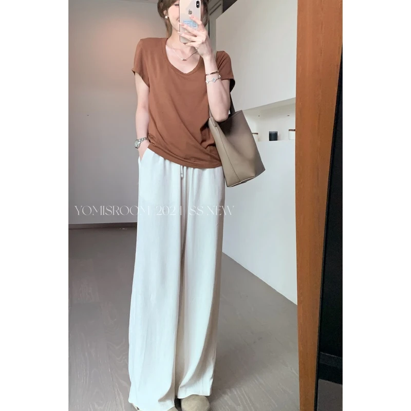 YOMI小个子定制【有氧假日】时尚百搭宽松显瘦松紧腰直筒阔腿休闲裤