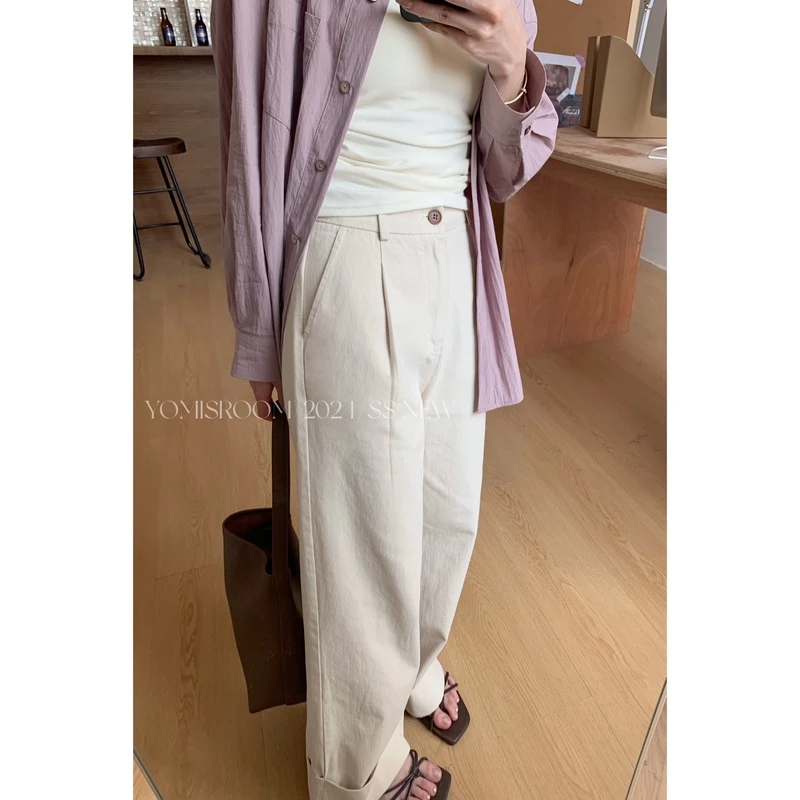 YOMI小个子定制【松茶可可】时尚简约百搭高腰直筒裤气质显瘦休闲裤