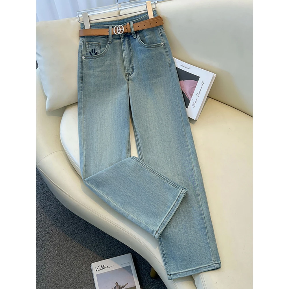 浅色牛仔裤女2025春秋新款高腰显瘦长裤爆款复古显瘦窄版阔腿裤子