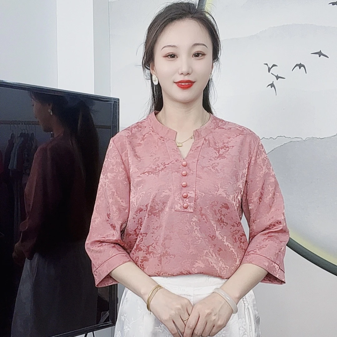 （新款粉织花）春季新款7分袖大码显瘦洋气减龄时尚妈妈装休闲女装