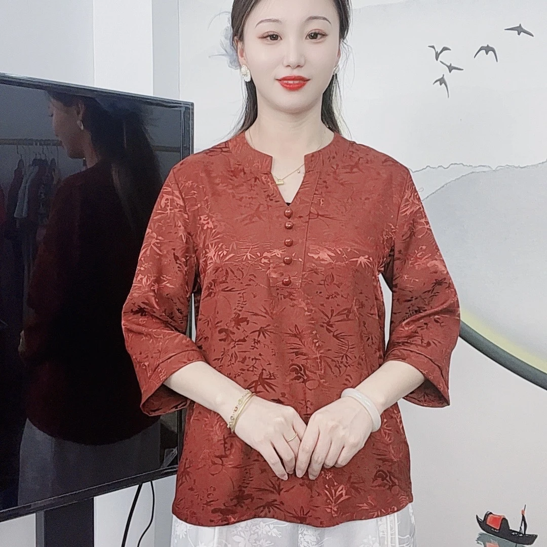 （定制砖红）秋季新款7分袖T桖大码显瘦洋气减龄时尚妈妈装休闲女装