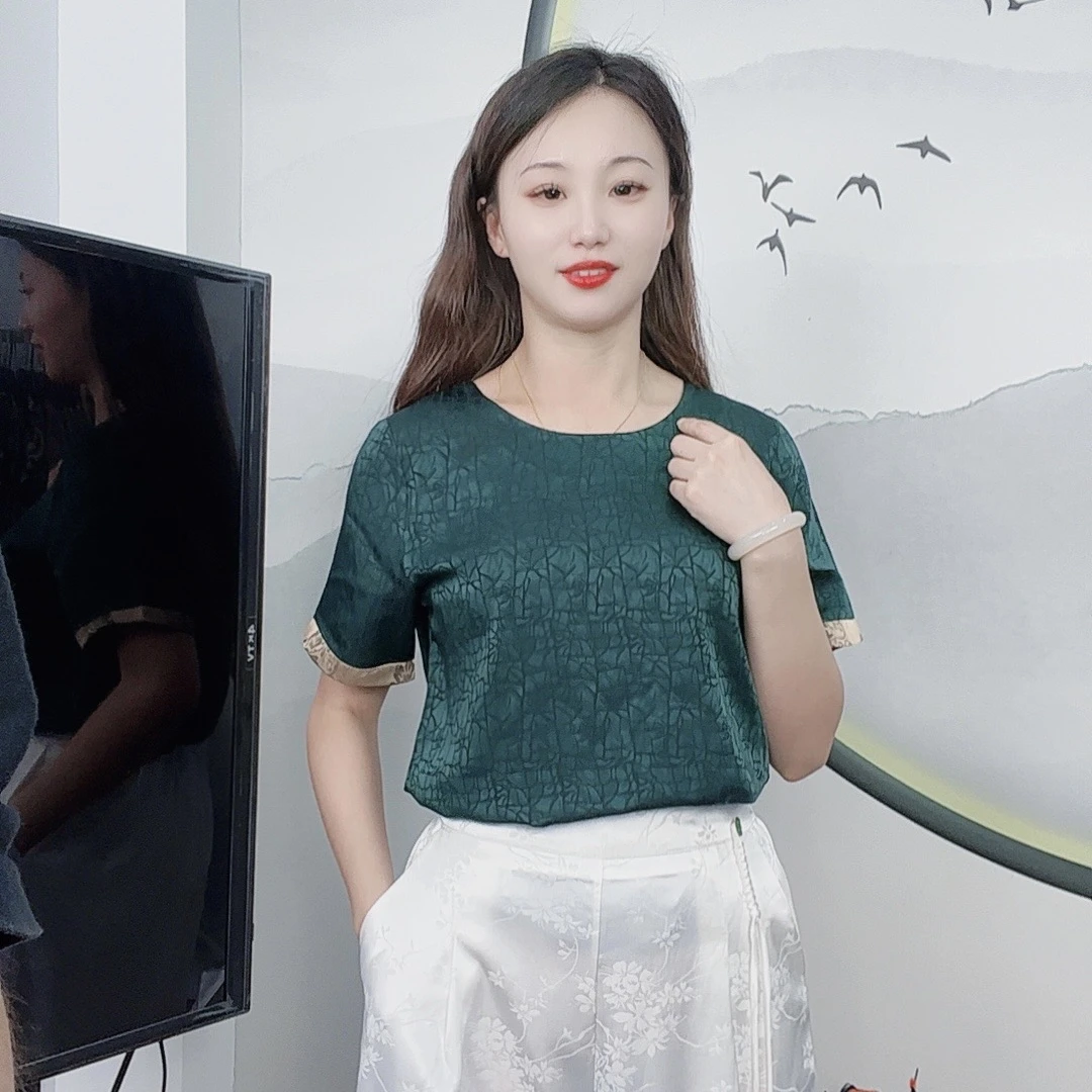 （龟裂纹绿色）夏季新款短袖大码显瘦洋气减龄时尚妈妈装休闲女装