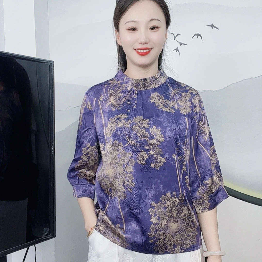 （紫色立领）秋季新款7分袖大码显瘦洋气减龄时尚妈妈装休闲女装