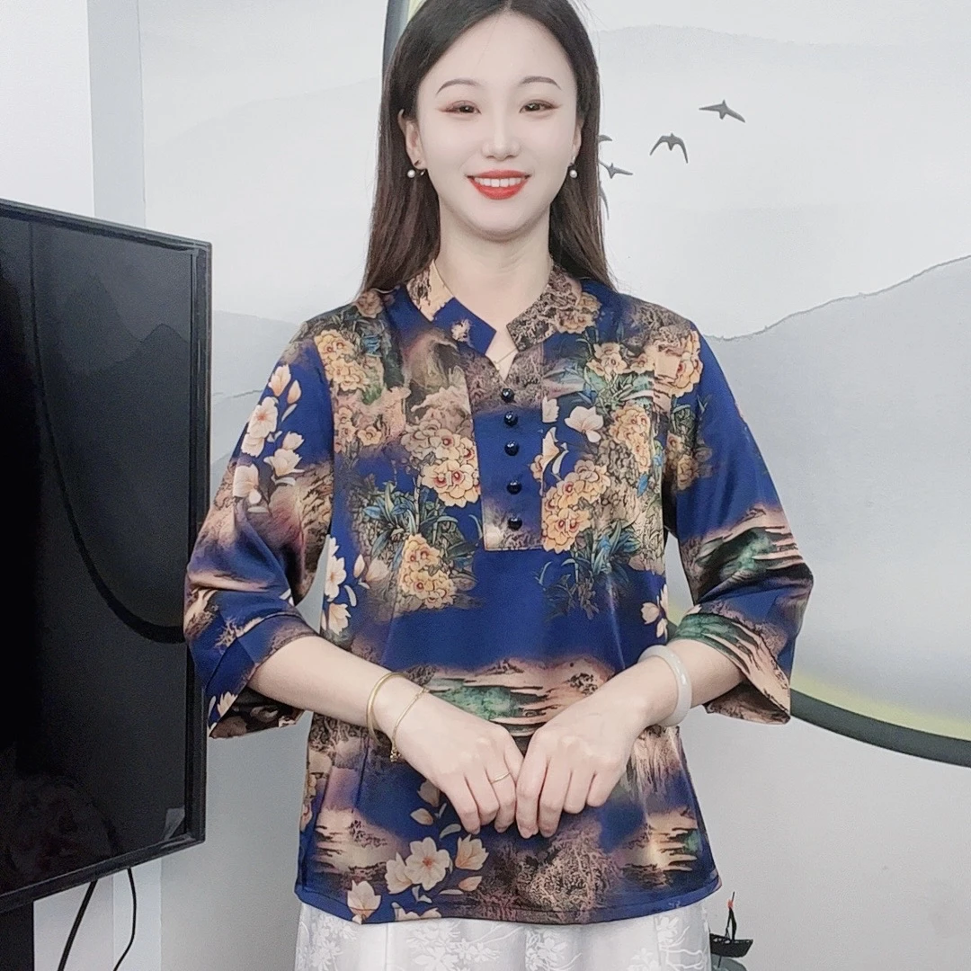 （高端立领）秋季新款7分袖T桖大码显瘦洋气减龄时尚妈妈装休闲女装