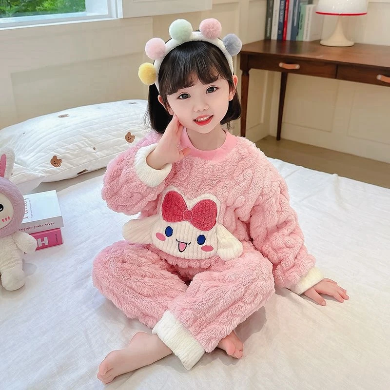 女童法兰绒睡衣宝宝珊瑚可爱卡通加厚女孩保暖冬季儿童家居服套装