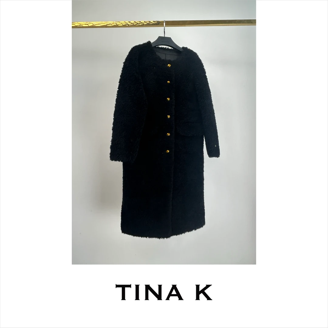 TinaK圆领长款全羊毛外套气质时尚百搭女士黑色毛呢DY224104