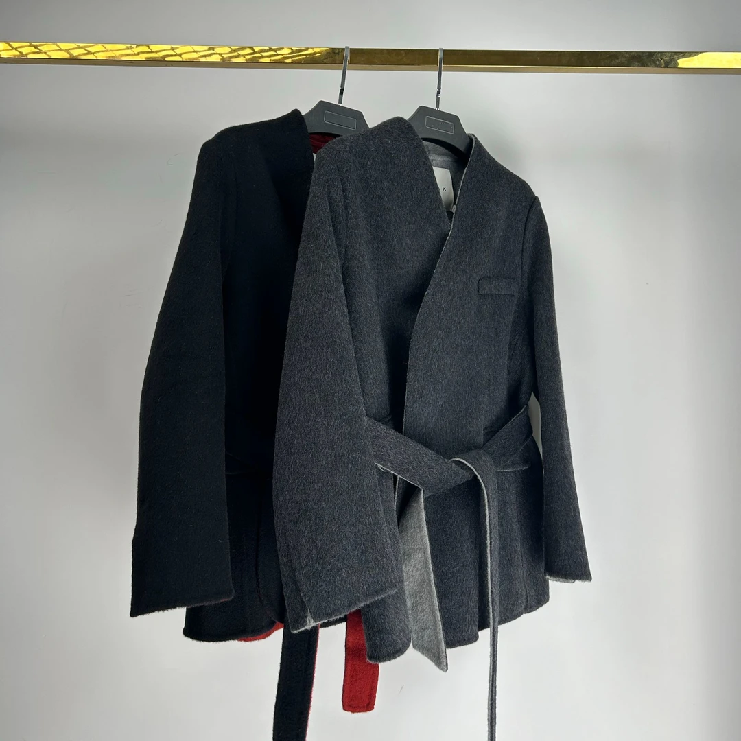 TinaKV领撞色双面尼短款大衣羊绒毛呢经典双面呢冬季DW224034
