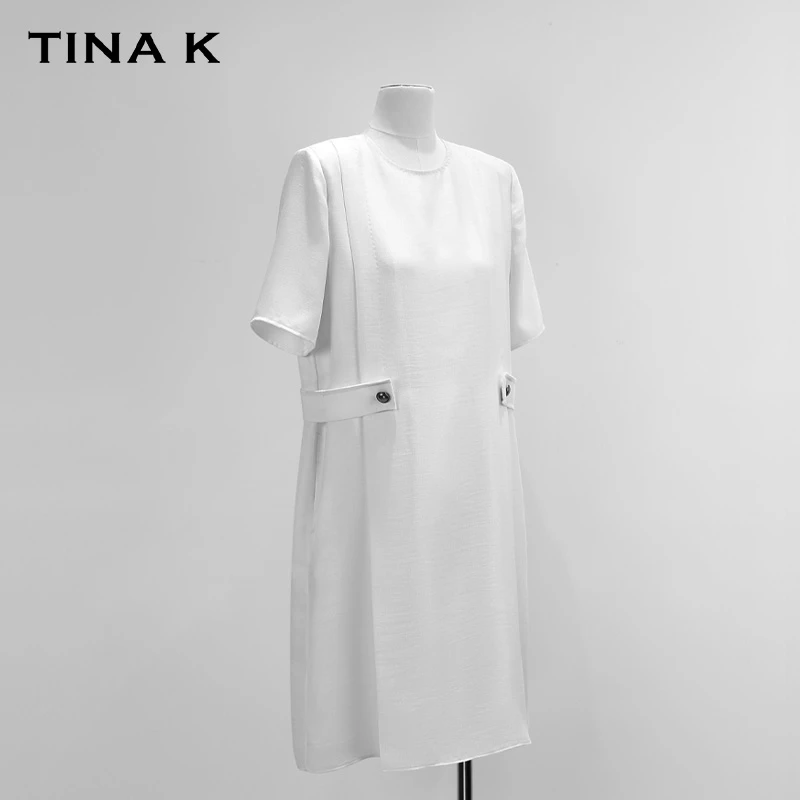 TinaK『白月光』夏季轻奢圆领设计师连衣裙女装气质宽松白色LY037