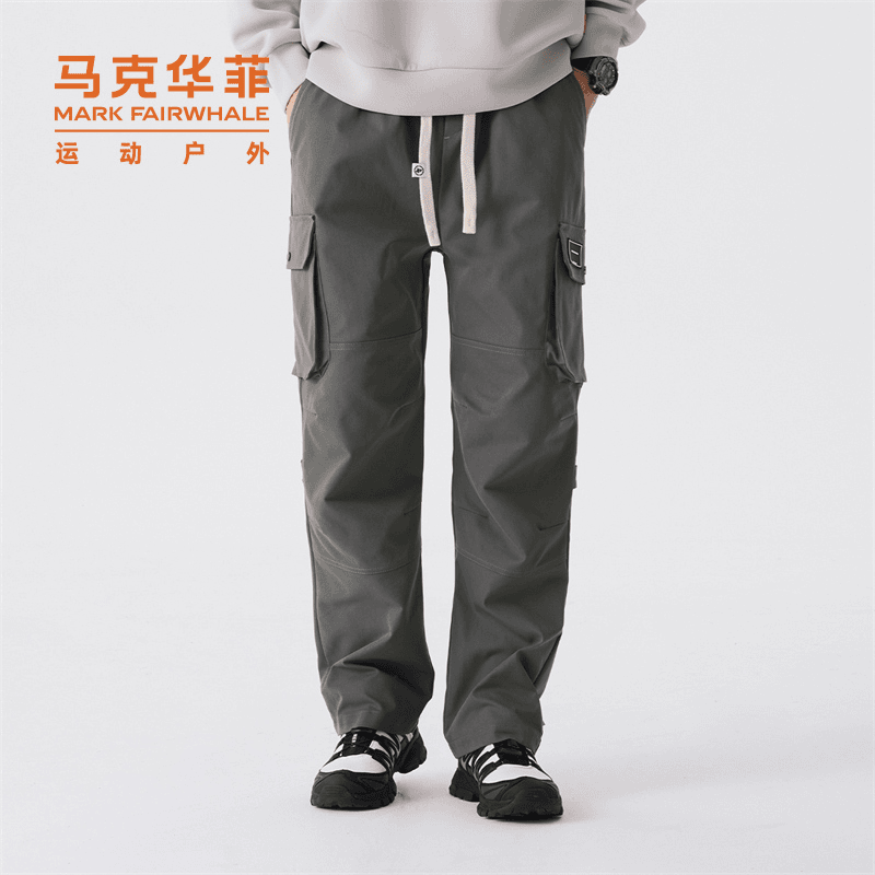 马克华菲工装裤秋冬季加绒男生宽松直筒抽绳口袋休闲休闲运动长裤