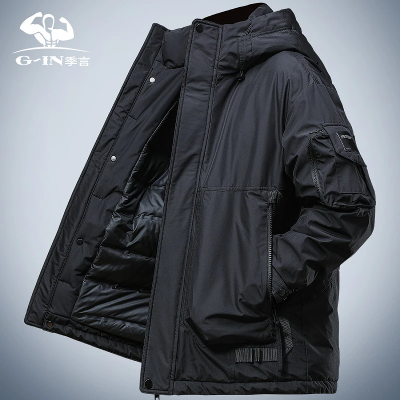 白鸭绒男士羽绒服冬季2024新款加厚防寒保暖拒水连帽工装外套潮