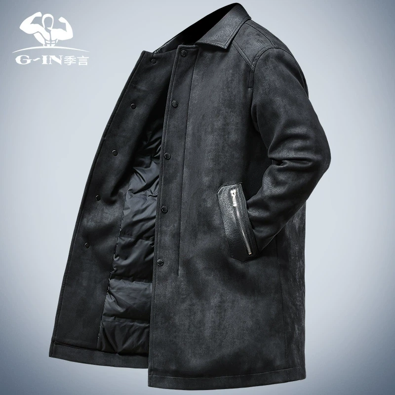 男士羽绒服中长款冬季加厚防风白鸭绒翻领商务休闲外套男黑色大衣