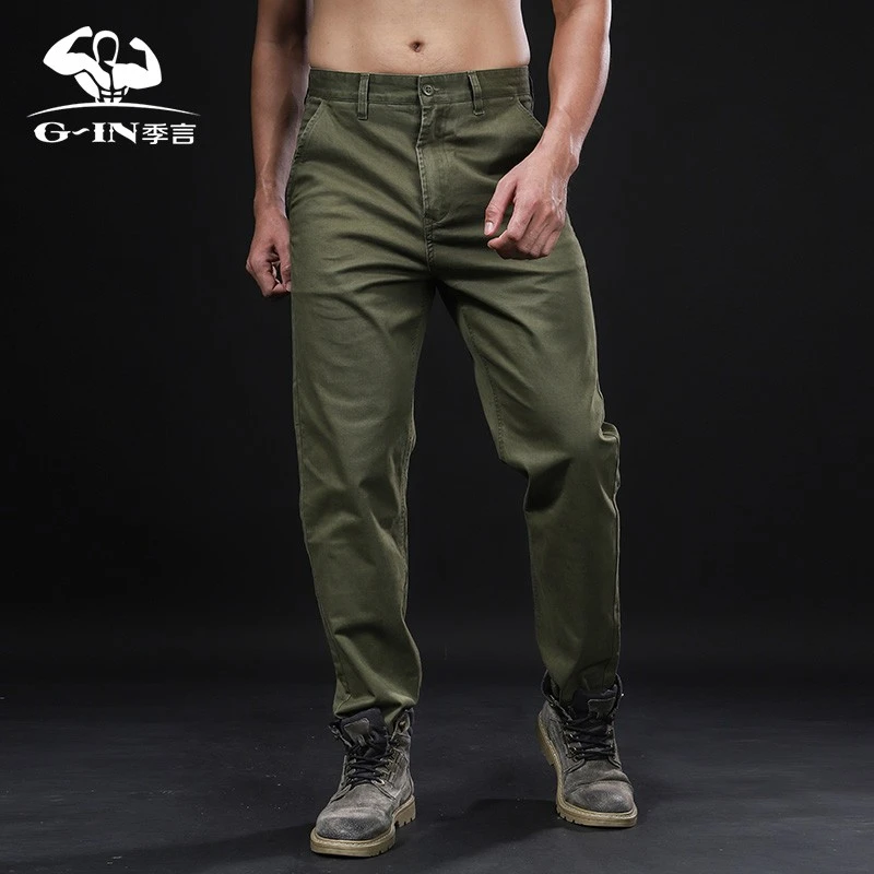 季言休闲裤男2025年新款帅气潮流修身直筒弹力军绿色微弹工装裤男
