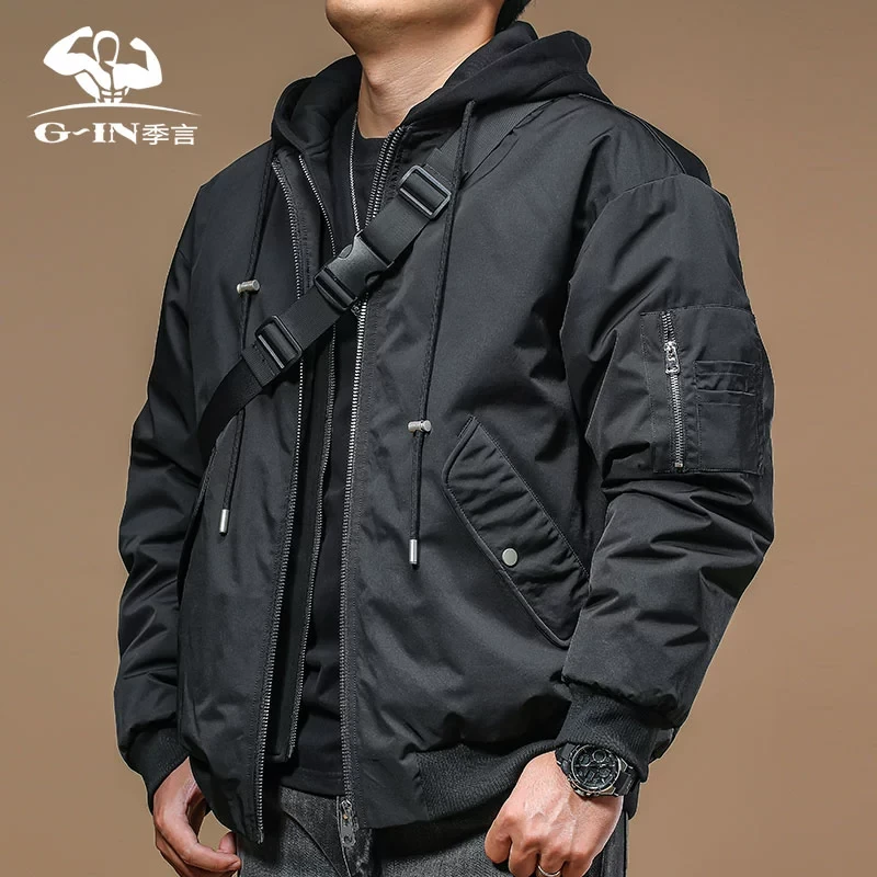 季言男款高品质羽绒服加厚保暖 白鸭绒假两件连帽休闲外套男冬季