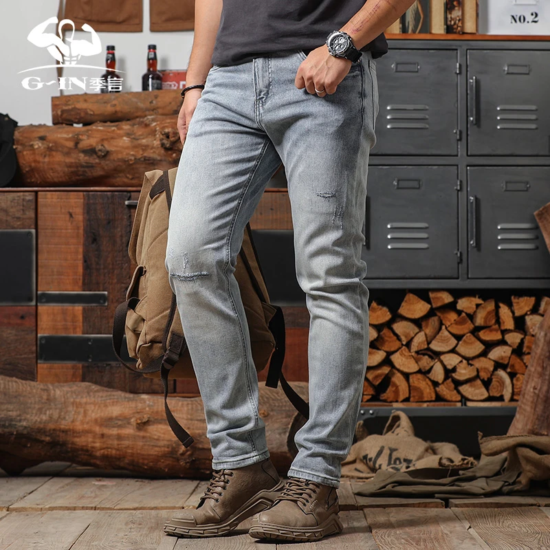 季言浅蓝色牛仔裤男士2024新款夏季薄款直筒 美式复古做旧休闲裤