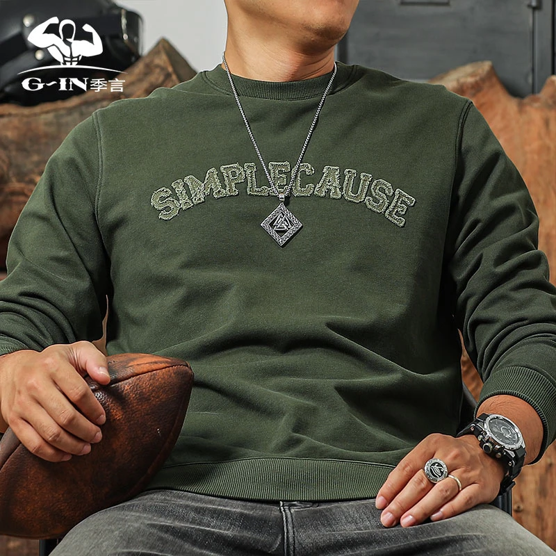 季言美式卫衣男款春秋潮流  340G重磅复古字母贴布加厚长袖上衣男
