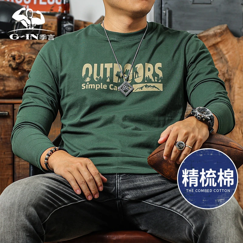 季言男士纯棉长袖t恤2025新款爆款 美式复古圆领印花打底休闲体恤