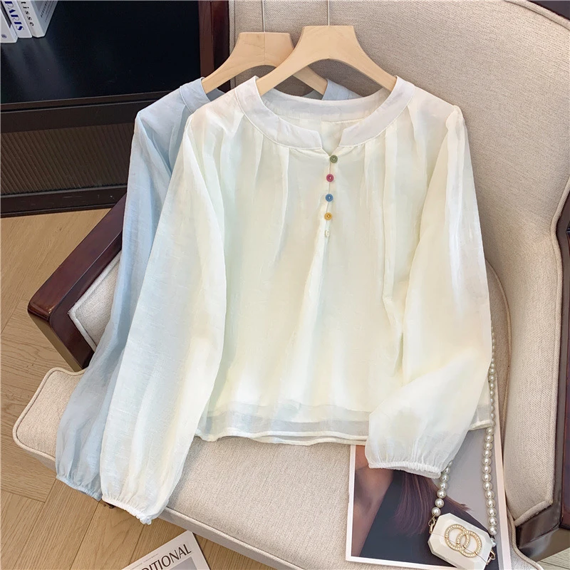 【现货】小清新彩色纽扣宽松开衫显瘦洋气上衣秋季上衣衬衫时尚女款