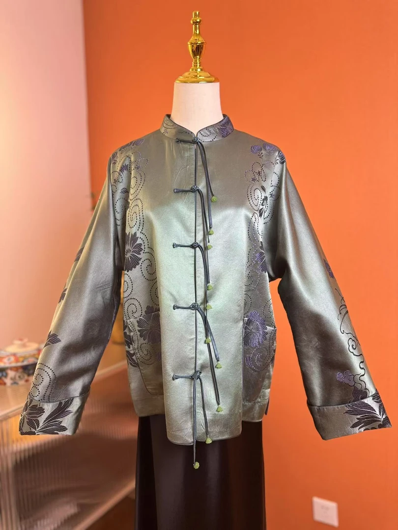 桑蚕丝秋冬衣橱必备新中式女士深绿色外套春节新中式上衣外套百搭