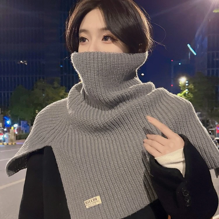 时尚开叉高领披肩女秋冬季韩版百搭针织围巾防寒保暖套头毛线围脖