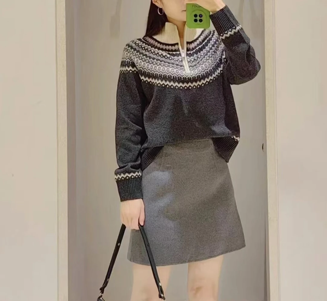 【费尔岛】秋冬新款100%澳毛半拉链撞色百搭女式羊毛衫24DAK0787