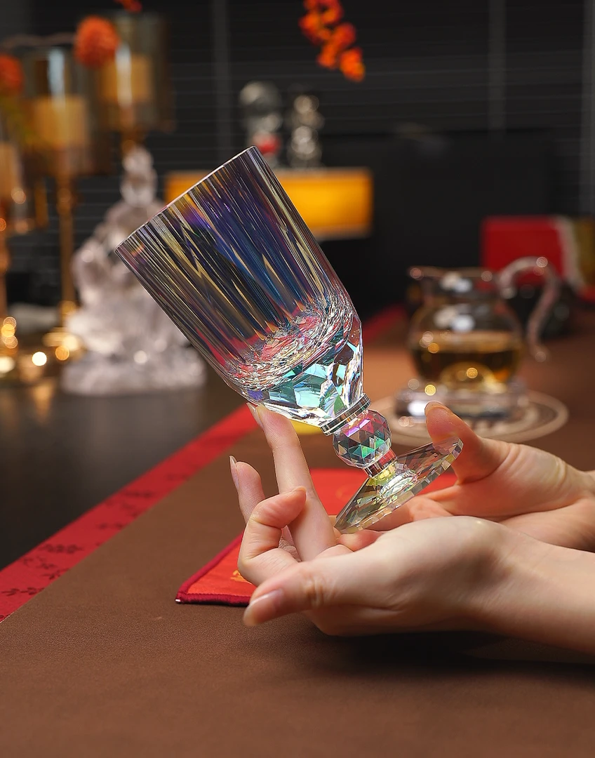 伍家坊k9水晶炫彩高脚杯切子啤酒杯全手工切割工艺欧式酒杯礼盒装