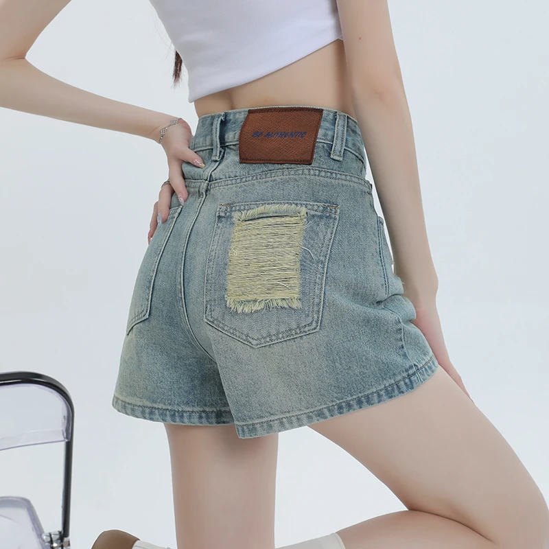 破洞牛仔短裤女夏季薄款2025新款爆款复古高腰显瘦百搭阔腿裤热裤