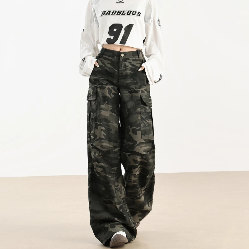 美式街头迷彩阔腿裤女牛仔裤宽松复古高街2025秋装新款休闲直筒裤