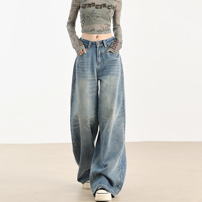 复古阔腿牛仔裤女秋装女款爆款2025新款高腰慵懒风加绒直筒拖地裤