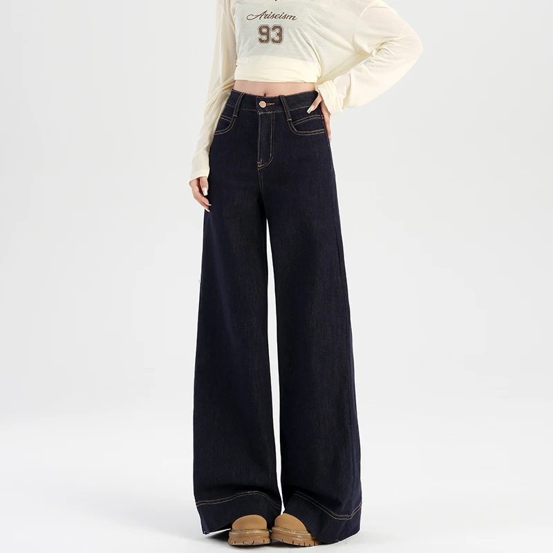 丹宁蓝阔腿牛仔裤女秋季2025年新款高腰弹力显瘦宽松垂感拖地裤子