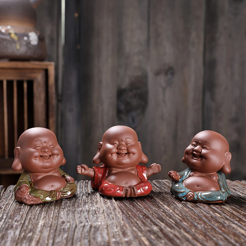 紫砂弥勒茶宠摆件创意笑佛茶玩沙弥可爱个性茶桌茶盘摆设茶道