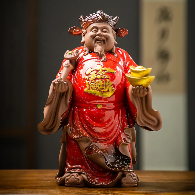 禹诚文武财神爷摆件紫砂博古架玄关家用陶瓷摆件开业礼品工艺品