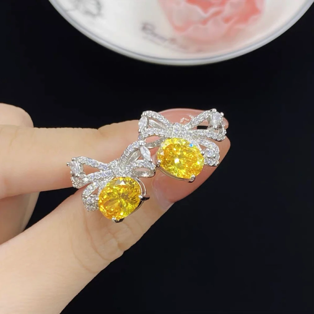 培育海蓝宝石 高级黄色蝴蝶结款耳钉9073