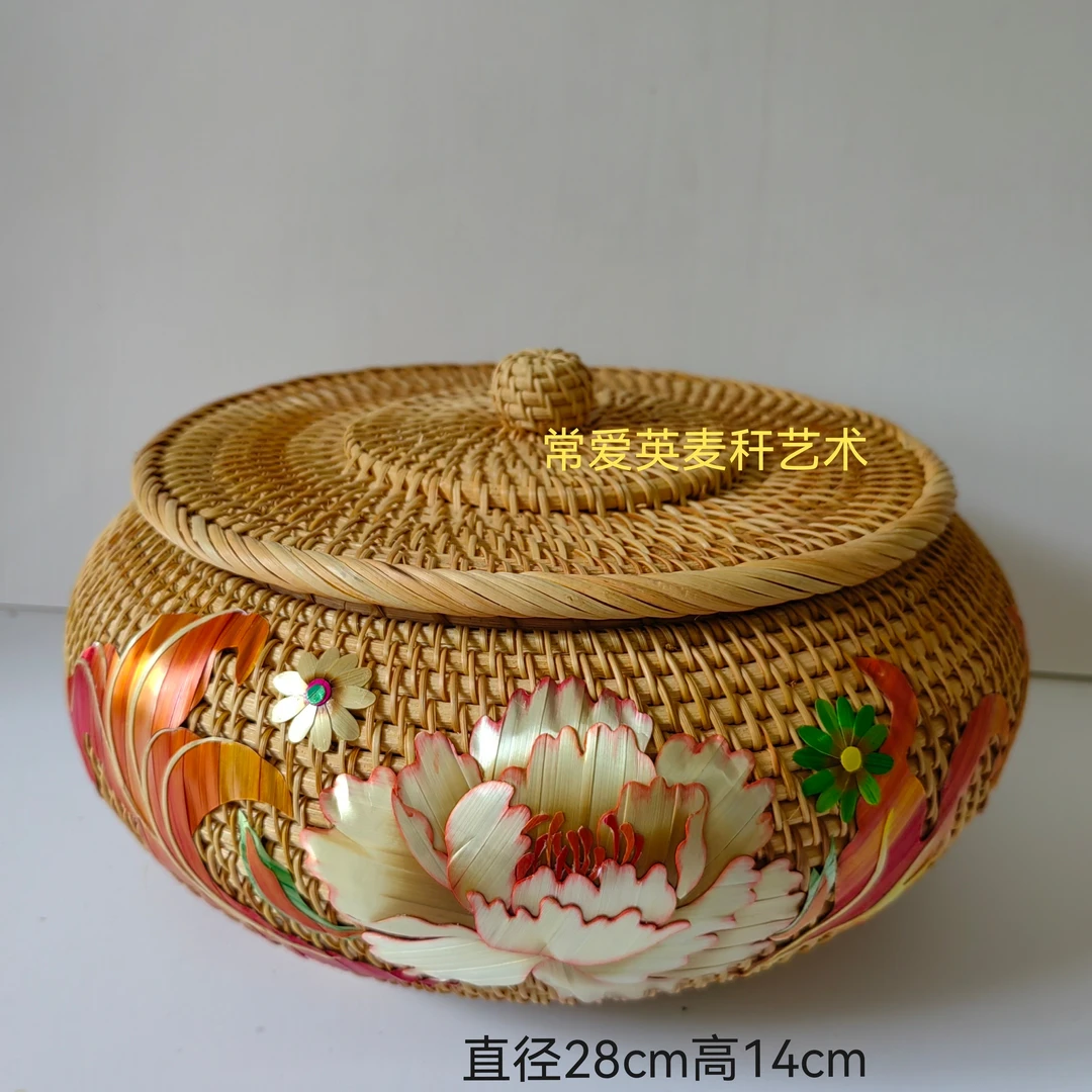 手工工艺品麦秆画工艺品摆件礼品纯手工中式藤编带盖大号
