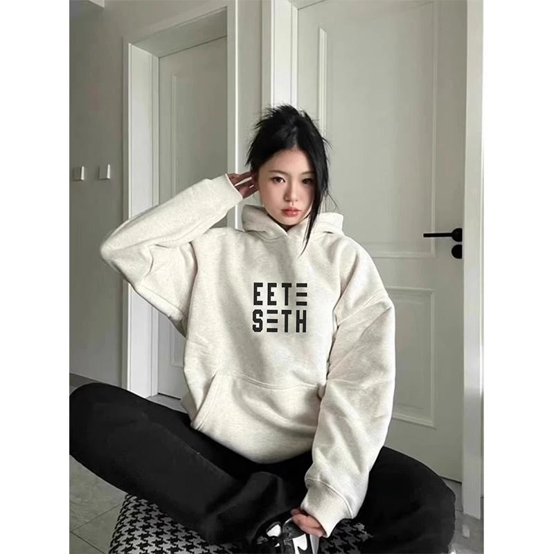 宽松连帽卫衣女春秋薄款休闲美式复古oversize慵懒风高级感外套潮