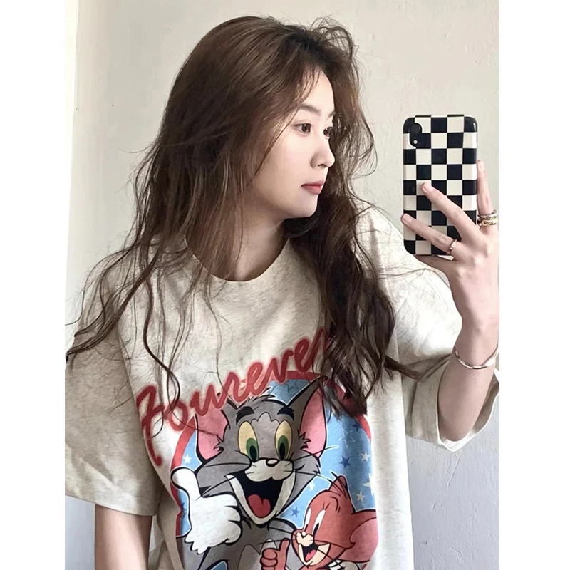 灰色t恤女纯棉短袖夏季女装圆领宽松印花半袖上衣大码胖mm显瘦潮