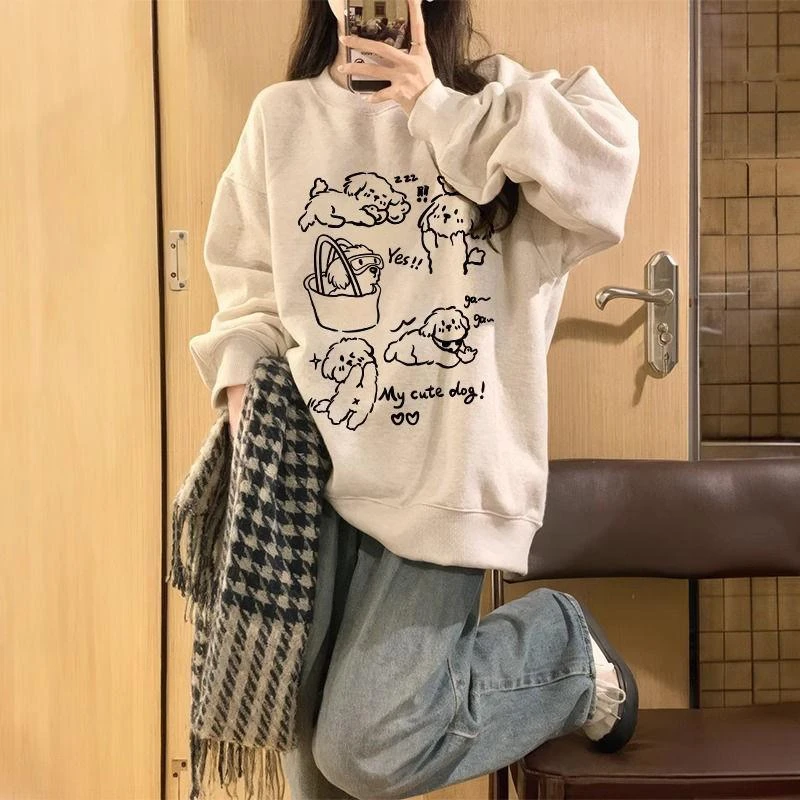 秋季卡通小狗印花卫衣女宽松休闲长袖圆领印花灰色百搭上衣外套潮