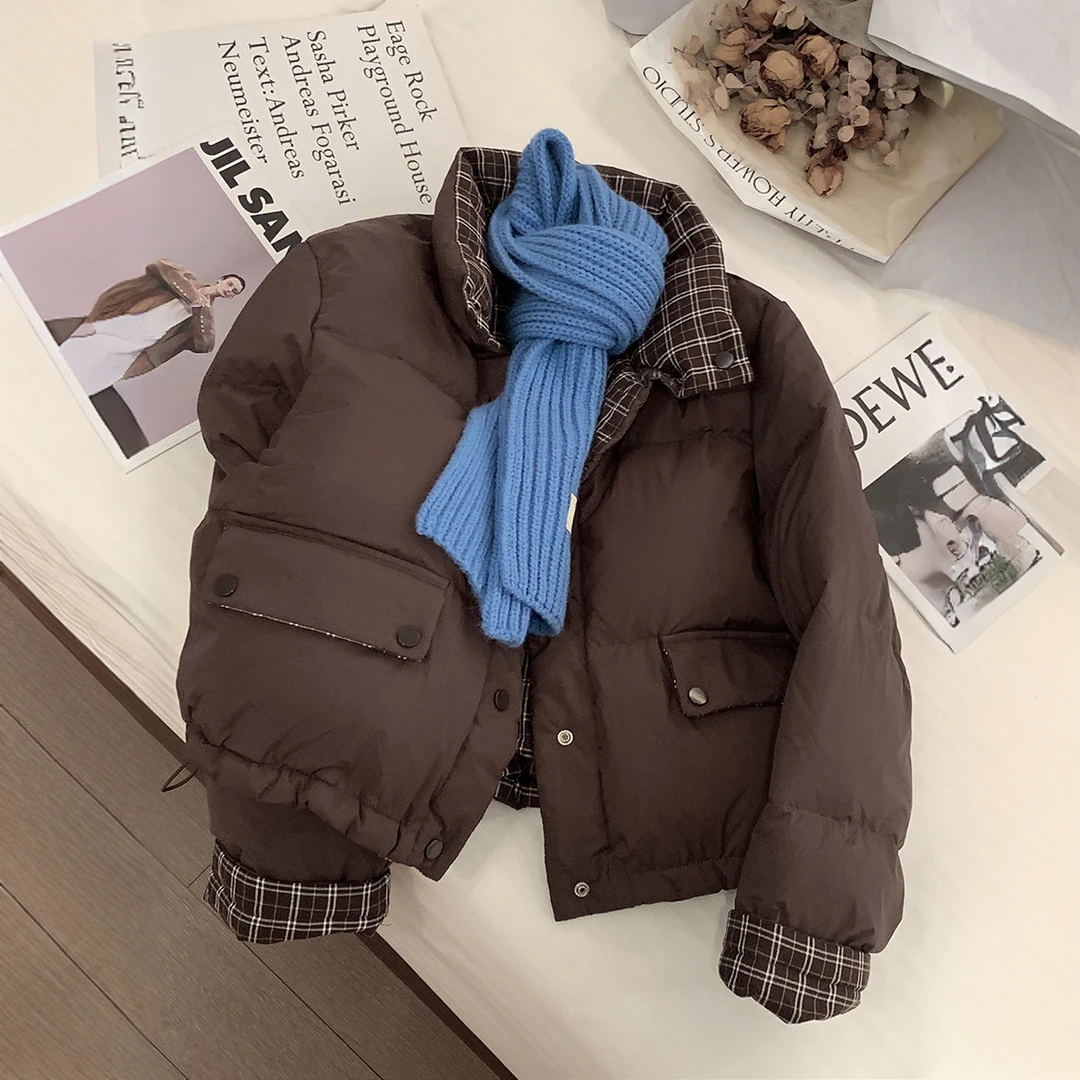 双面穿白鸭绒羽绒服2024女短款冬季韩版宽松百搭小个子面包服外套