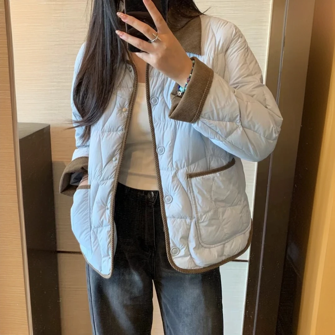 2024冬季新款宽松韩版灯芯绒翻领撞色拼接白鸭绒甜美温柔羽绒服潮