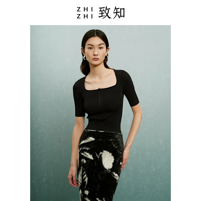 致知垂莲 别致锁骨上衣女2023夏新款法式针织气质短袖ZZ23SKZ2243
