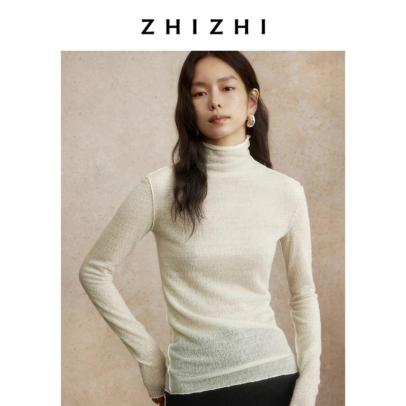 致知【橱窗】月当庭 蕾丝堆叠半高领T恤女24冬新款ZZ2DWWTW063
