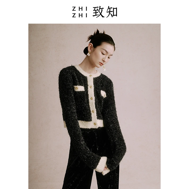 致知清门引 针织开衫女黑色小香风慵懒蝴蝶纱早春新ZZ22AJ3029