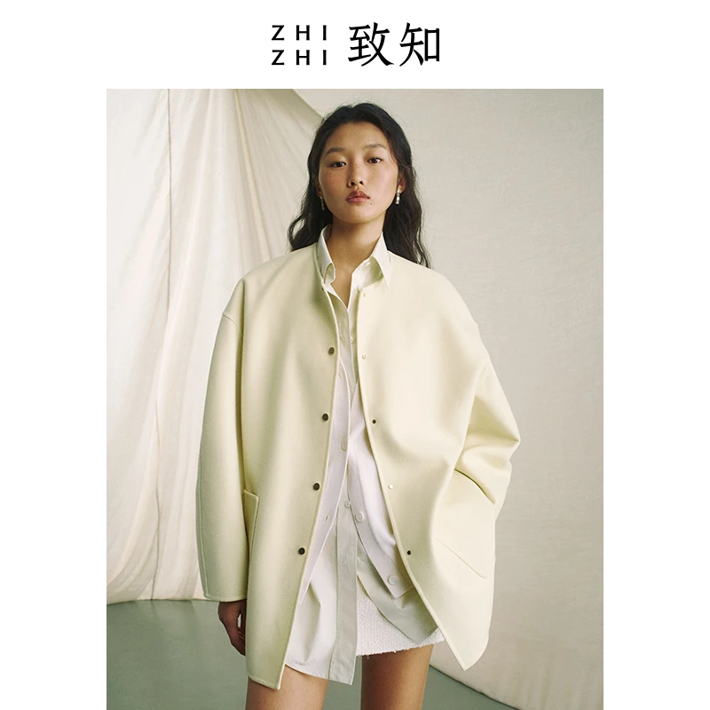 致知霜天晓 短款大衣外套新款金扣澳毛双面呢ZZ2DSWW9022
